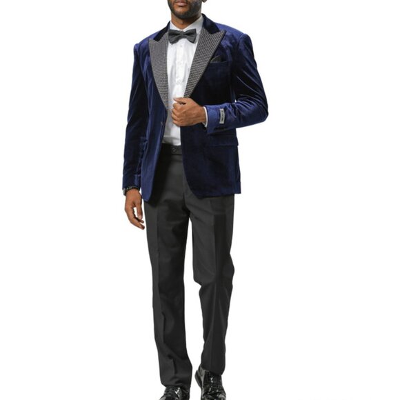 Navy Velvet Rhine Stone-Embedded Peak Lapel Stacy Adams Men's Jacket - Picture 2 of 2